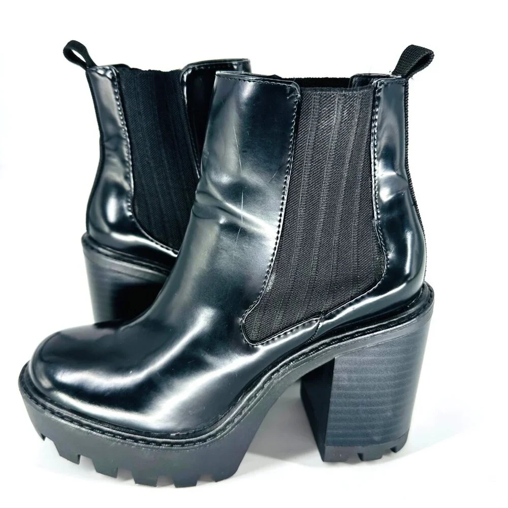 Zara Womens Black Glossy Leather Chunky Heel Chelsea Ankle Boots Size 36 EU - Picture 3 of 11